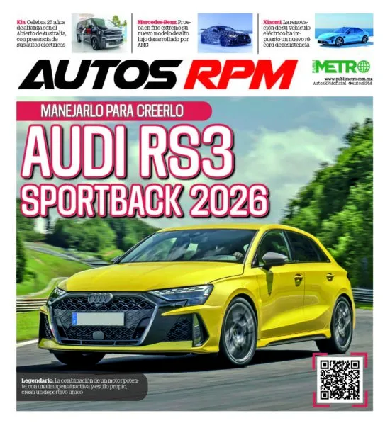 Portada del suplemento semanal Autos RPM de Publimetro con un Audi RS3 Sportpack amarillo