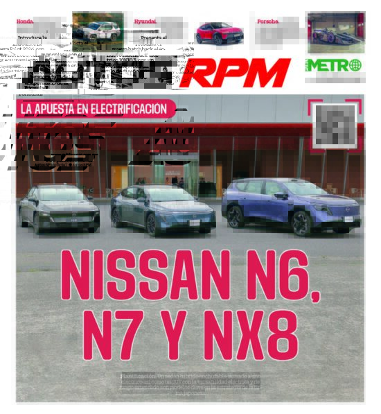 Front view of a Nissan dealership with a bold pink 'NISSAN N6' headline and several cars parked outside, plus a QR code on the right.