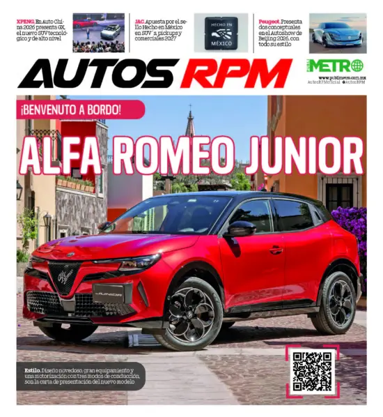 Magazine cover featuring a glossy red Alfa Romeo Junior SUV with the bold 'ALFA ROMEO JUNIOR' headline and a QR code at the bottom right.