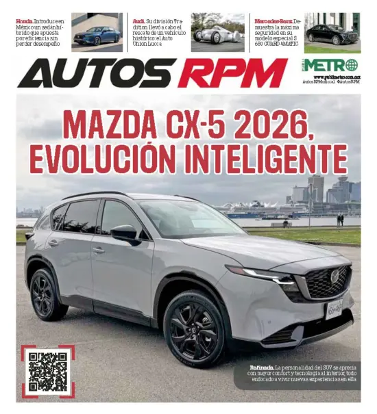 AUTOS RPM cover showing a silver Mazda CX-5 2026 with a bold red headline and city skyline in the background; QR code at bottom-left.