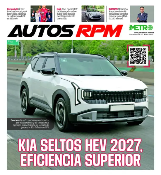 White Kia SUV driving on a highway with a bold magazine headline reading 'KIA SELTOS HEV 2027, EFICIENCIA SUPERIOR' at the bottom and a QR code on the right side of the frame.