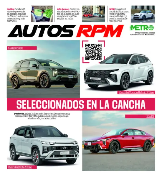 Collage publicitario de autos con varias imágenes de vehículos SUV y textos en rosa, incluyendo Hyundai Creta N Line y Kia Sportage