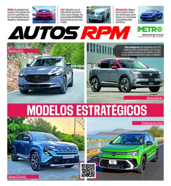 Collage de portada de revista Autos RPM con varios coches: Mazda CX-30, Nissan Kicks, Renault Boréal y Volkswagen Taos; código QR en la esquina.
