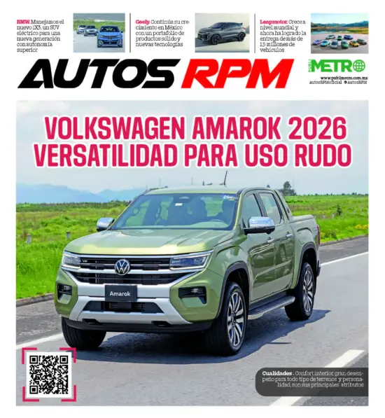Metallic VW Amarok pickup driving on a road; large bold Spanish headline about 'VOLKSWAGEN AMAROK 2026... VERSATILIDAD PARA USO RUDO' and a QR code bottom-left.