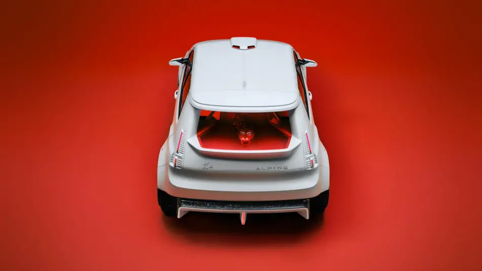 Vista superior del Alpine Lacoste A290 Rallye con carrocería blanco alpino detalles en rojo y elementos aerodinámicos de competencia