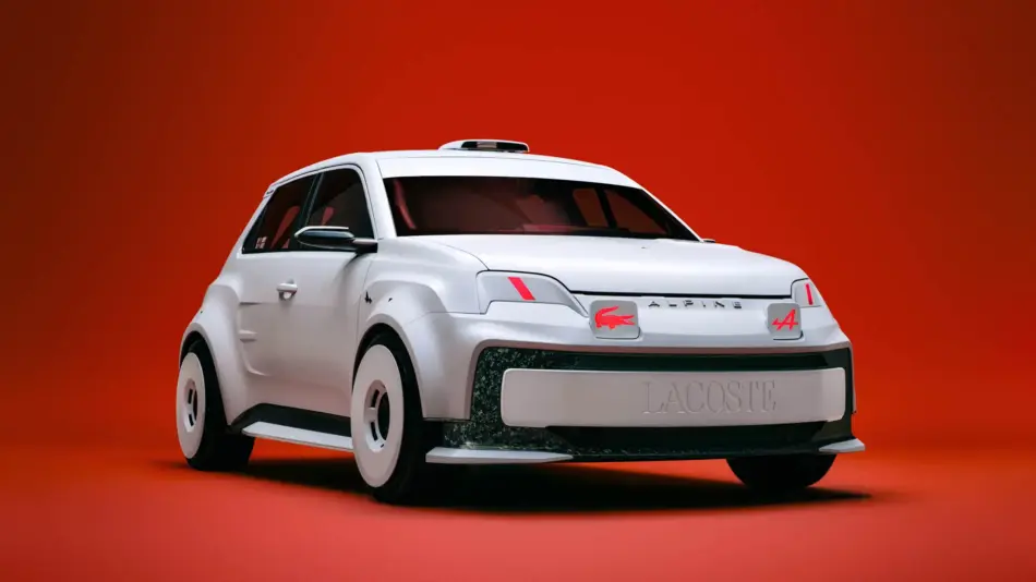 Vista lateral del Alpine Lacoste A290 Rallye con carrocería blanco alpino detalles en rojo y elementos aerodinámicos de competencia