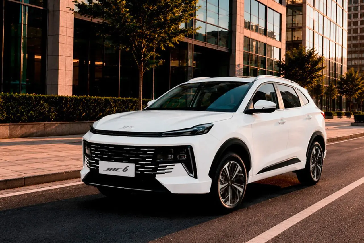 White SUV parked on a city street in front of modern glass buildings, front view showing the JAC 6 badge on the grille.