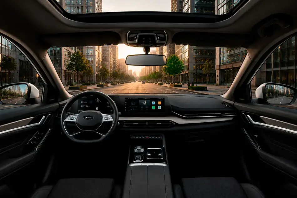 JAC 6 20271jpg Memo Lira Driver's-eye view of a modern car cockpit with a digital dashboard, center touchscreen, and a sunlit city street ahead through the windshield at dusk