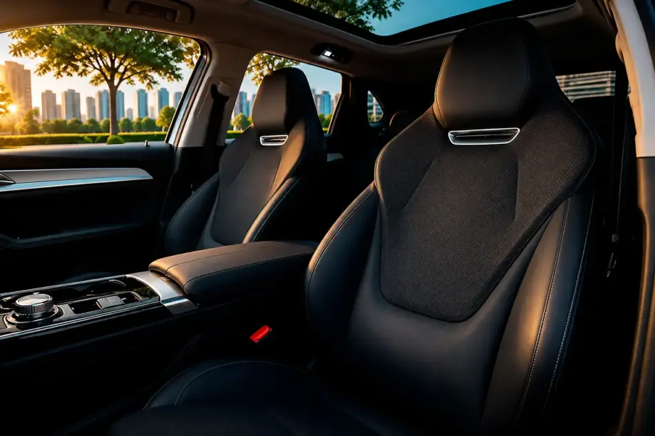 JAC 6 20273 Memo Lira Interior of a luxury car with black leather sports seats and a panoramic sunroof city skyline visible through the windows at sunset center console nearby