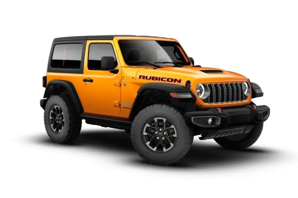 SUV todoterreno Jeep Wrangler Rubicon de color naranja, fotografiado desde una perspectiva de tres cuartos frontal-derecha.