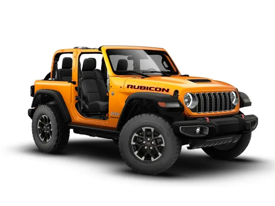 Jeep Wrangler Rubicon Joose 2026 el ícono todoterreno se viste de naranja en México Memo Lira Jeep Wrangler Rubicon naranja sin puertas en el que se aprecian los robustos neumáticos todoterreno y la carrocería naranja en una vista de tres cuartos frontal
