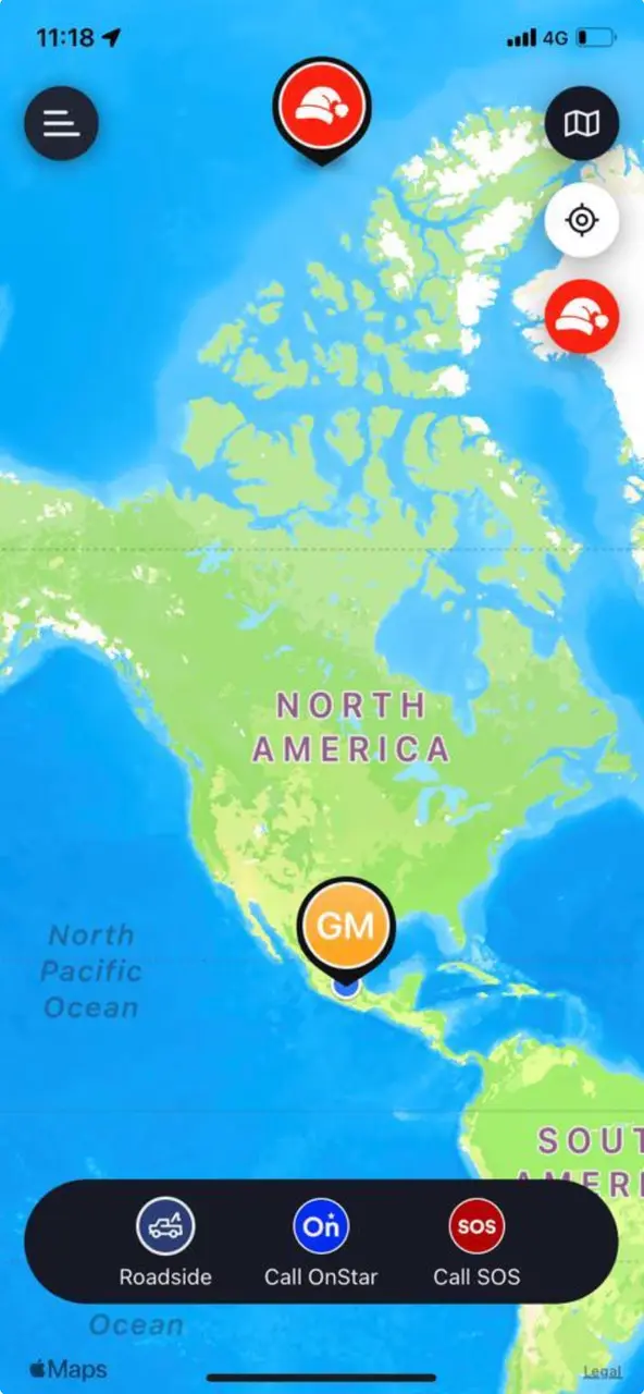 Pantalla OnGuard Memo Lira Map view of North America in a GPS app with a GM location pin near Mexico bottom bar shows Roadside Call OnStar Call SOS actions