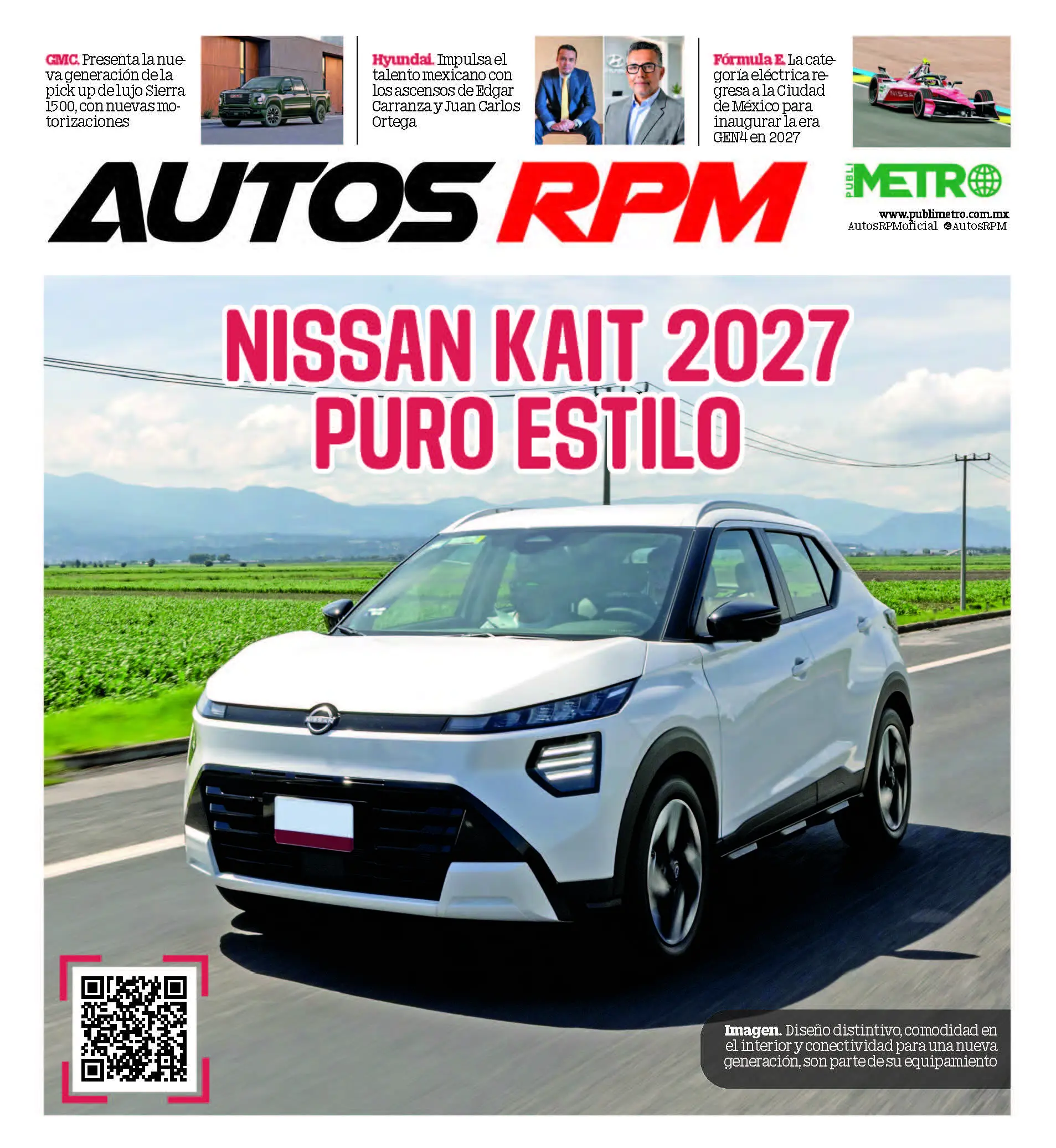 Front page of Autos RPM magazine with a white Nissan SUV driving on a highway, large bold headline text overlaid, and a QR code in the lower-left corner.