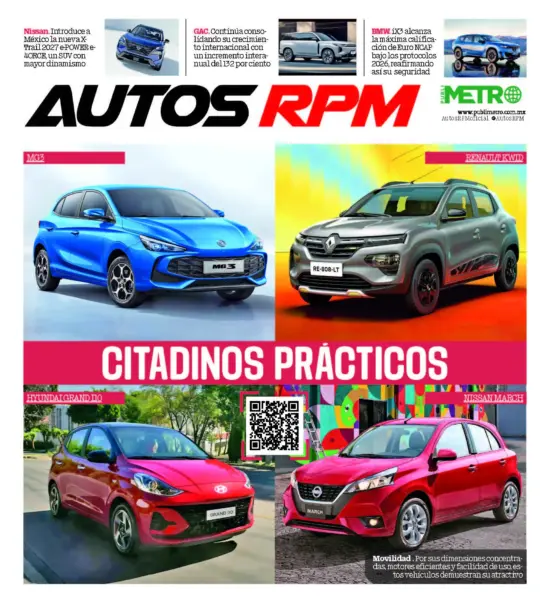 Collage front page of Autos RPM magazine with multiple car images, a large 'AUTOS RPM' logo, and a pink banner reading 'CI TADINOS PRÁCTICOS' beneath two blue and silver SUVs; QR code at center bottom.