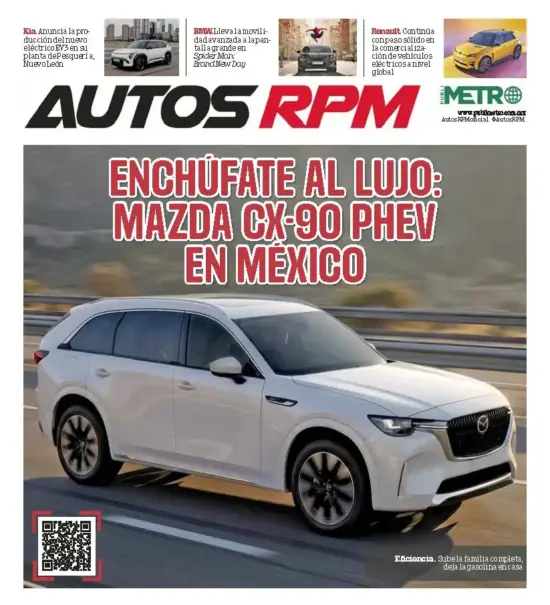 Magazine cover for Autos RPM showing a white Mazda CX-90 PHEV driving on a highway; bold Spanish headline about the Mazda CX-90 PHEV in Mexico, with a QR code bottom-left.