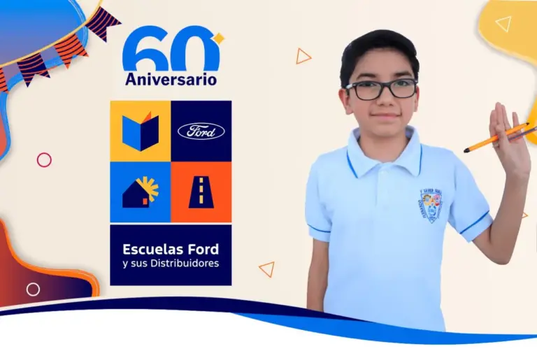 Un niño sonriente con un polo azul claro posa junto al logotipo de Ford Schools y un gráfico del 60.º aniversario.