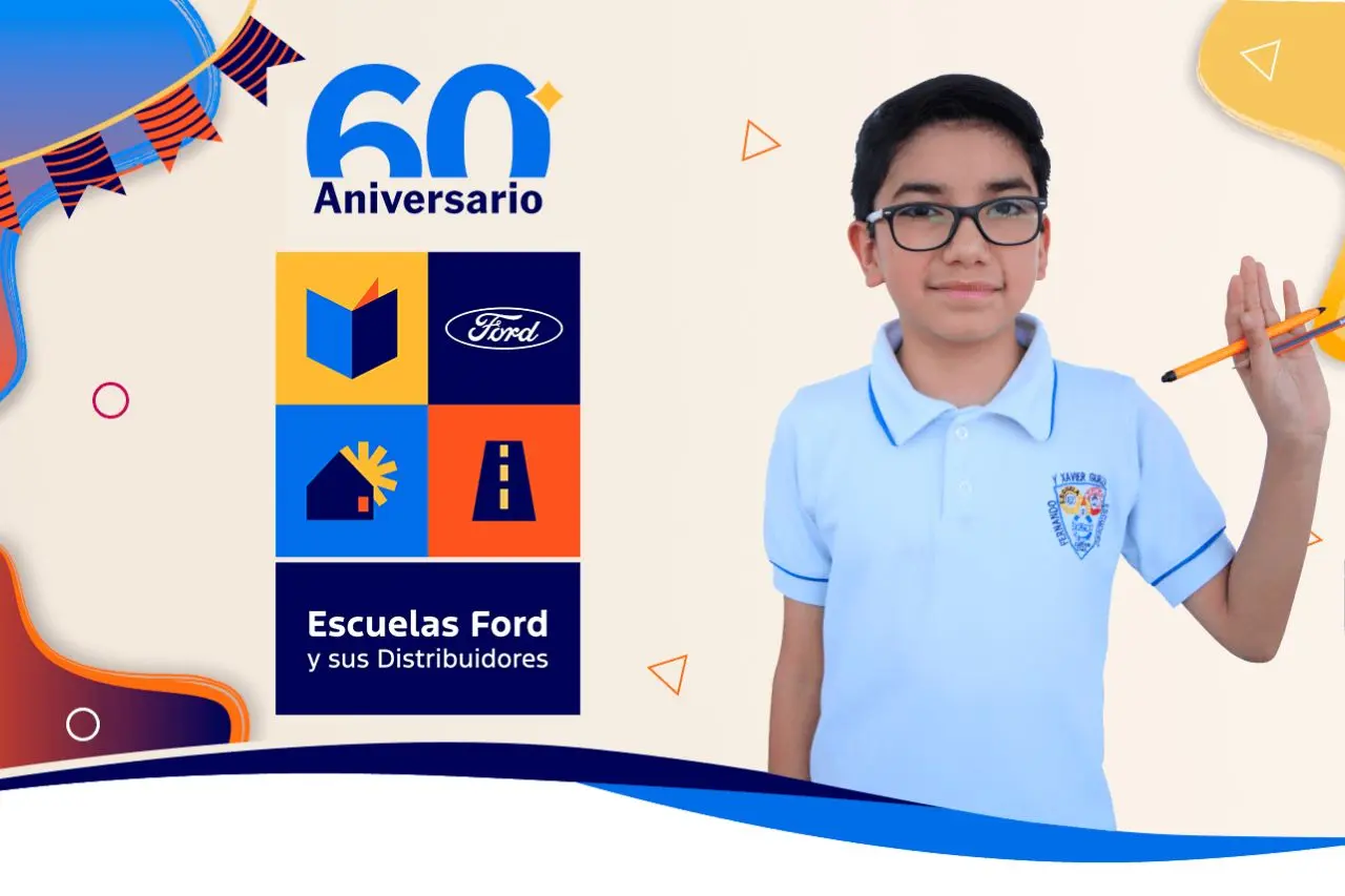 Un niño sonriente con un polo azul claro posa junto al logotipo de Ford Schools y un gráfico del 60.º aniversario.