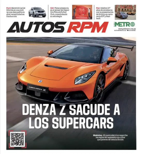 Orange high-performance sports car speeding on a race track, shown on a magazine cover with bold white headline and a QR code at the bottom left.