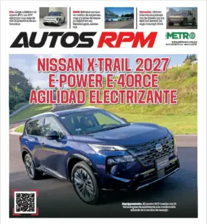 Cover of Autos RPM magazine featuring a blue Nissan X-Trail 2027 electric SUV on a curved road with a bold red headline about E-Power and e-4ORCE; QR code visible bottom-left.