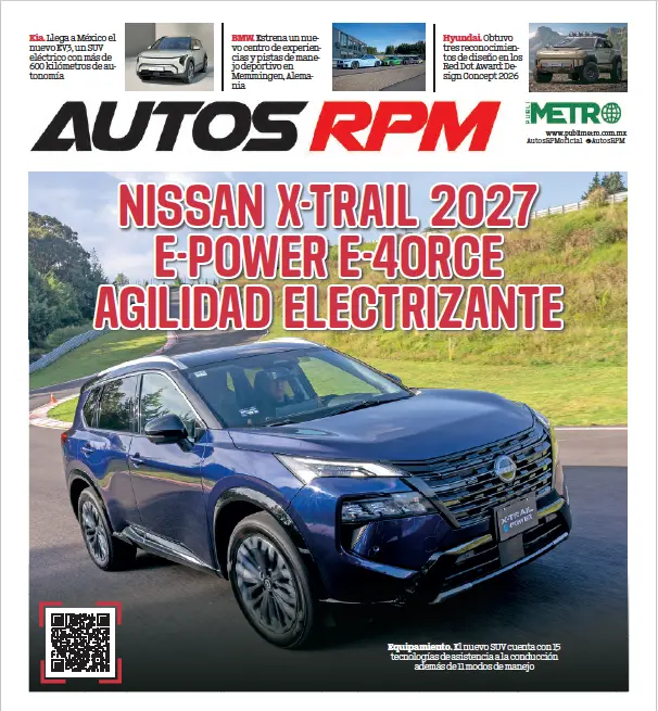 Cover of Autos RPM magazine featuring a blue Nissan X-Trail 2027 electric SUV on a curved road with a bold red headline about E-Power and e-4ORCE; QR code visible bottom-left.