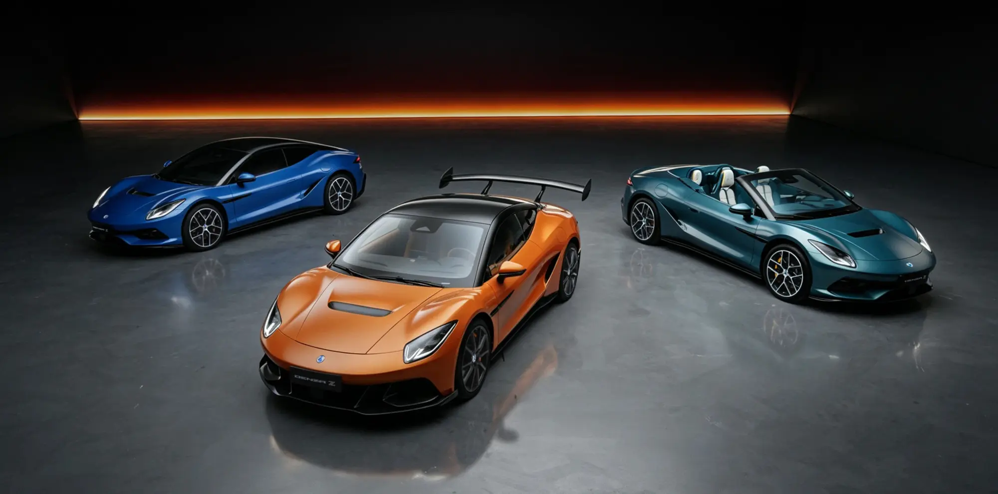 Three luxury sports cars in a dark studio with an orange glow along the back wall.