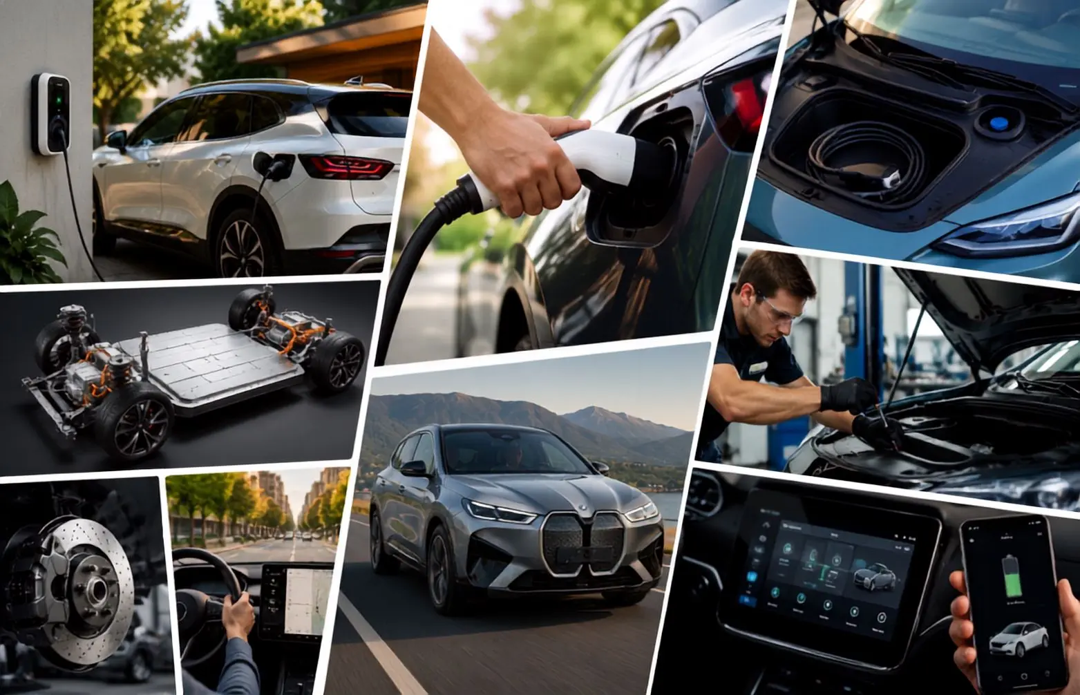 Collage sobre la tecnología de los vehículos eléctricos: recarga de un vehículo eléctrico, componentes de la batería y del sistema de propulsión, e interiores de los vehículos, presentados en paneles en ángulo.