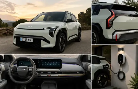 El SUV eléctrico Kia EV3 en color verde se muestra desde varios ángulos: vista de tres cuartos delantera, primer plano trasero, interior espacioso con una gran pantalla táctil y sistema de recarga en pared.
