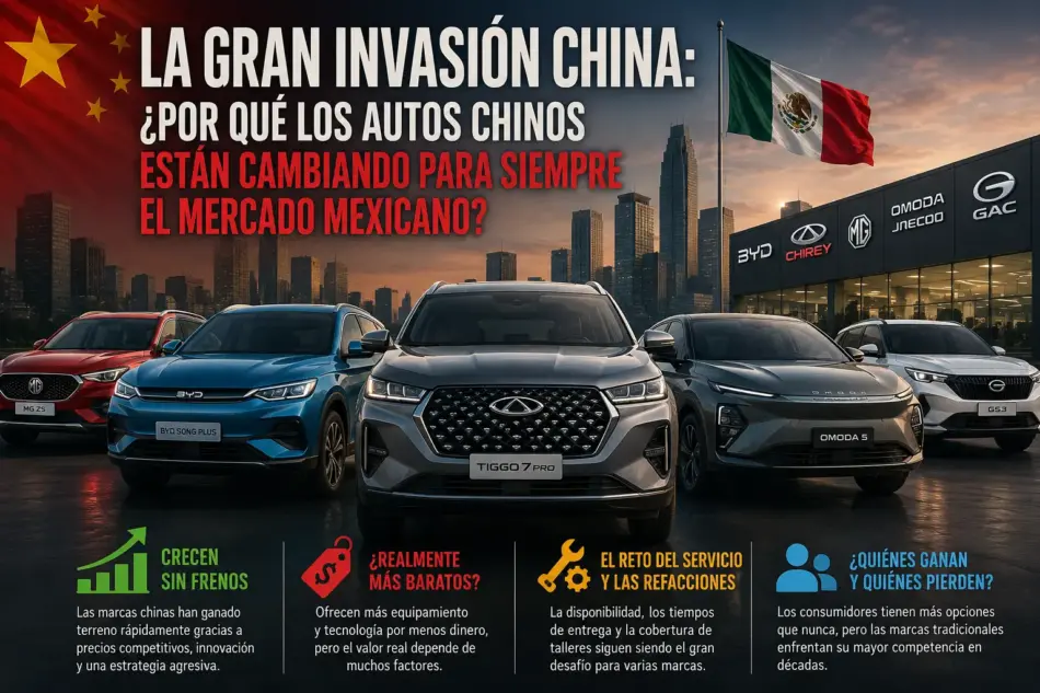 Imagen conceptual sobre el impacto de los autos chinos en México y el crecimiento de marcas como BYD MG GAC Chirey Omoda y Geely en el mercado nacional