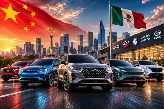 Autos de marcas chinas frente a una agencia automotriz con las banderas de México y China, ilustrando el crecimiento de los fabricantes chinos en el mercado mexicano.