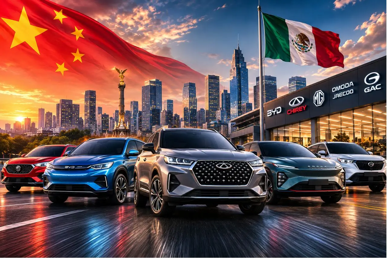 Autos de marcas chinas frente a una agencia automotriz con las banderas de México y China, ilustrando el crecimiento de los fabricantes chinos en el mercado mexicano.