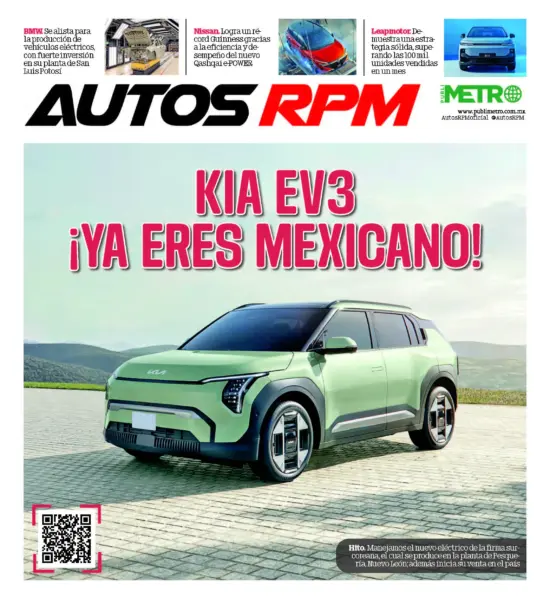Green Kia electric SUV parked on a cobblestone area under a magazine header with a QR code in the bottom-left corner.