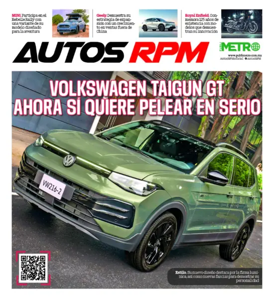 Front-left view of a green Volkswagen SUV on a magazine cover, with a QR code in the lower-left corner.