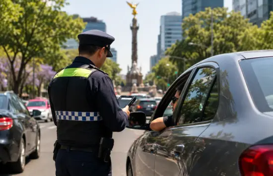 Oficial de tránsito de CDMX entrega una infracción a un conductor junto a su automóvil, en una avenida arbolada con el Ángel de la Independencia al fondo.