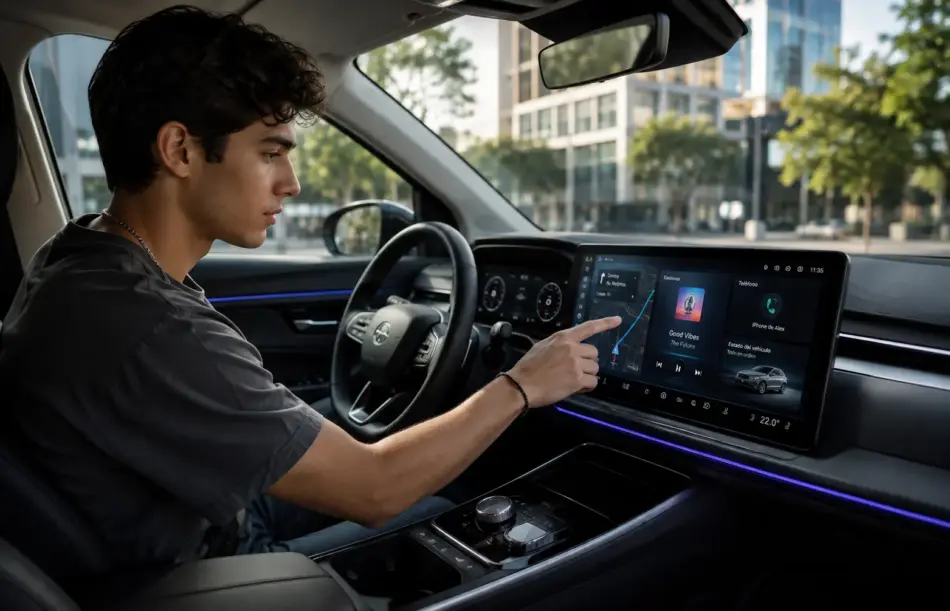 Gen Z interactuando con pantalla auto Memo Lira Un joven en un coche moderno utilizando el gran sistema de infoentretenimiento con pantalla táctil integrado en el salpicadero con edificios de la ciudad a través de la ventanilla