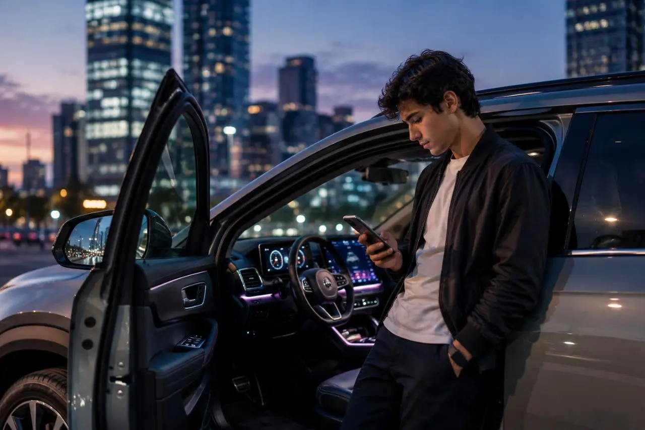 Joven de la Generación Z interactuando con un teléfono inteligente junto a un auto con pantalla en un entorno urbano.