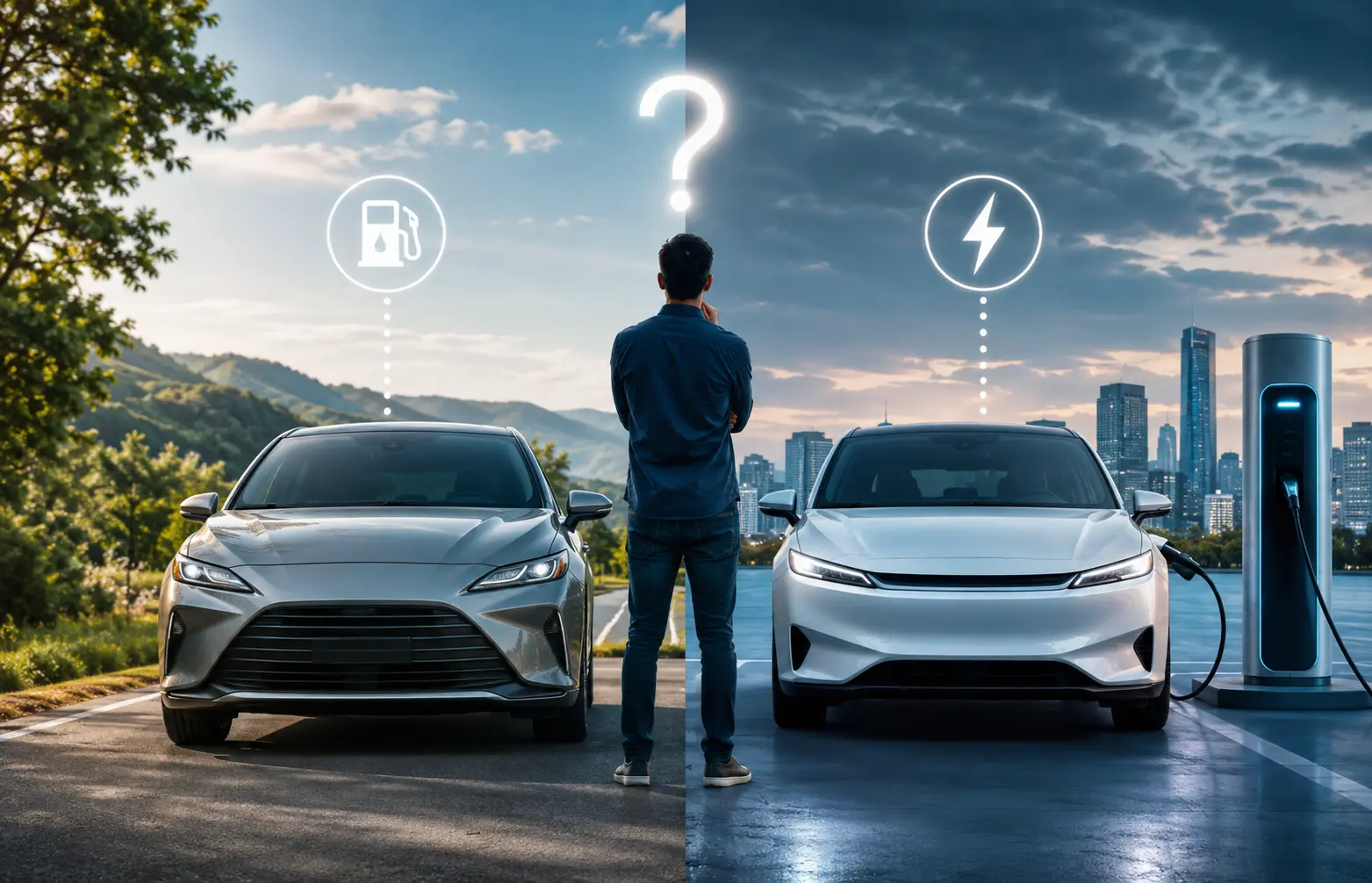 Man stands between a gas-powered car (left) and an electric car charging (right), signaling a choice between fuel and EVs.