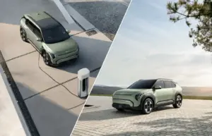 Green electric SUV plugged into a charging station on a modern driveway, split-view collage showing outdoor scenery on the right.