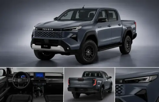 Collage de la pickup Toyota Hilux: vista de tres cuartos delantera con parrilla robusta, pintura azul metalizado y neumáticos grandes.