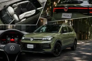 Collage de imágenes con detalles del nuevo Volkswagen Taigun 2026 en color Verde Avocado