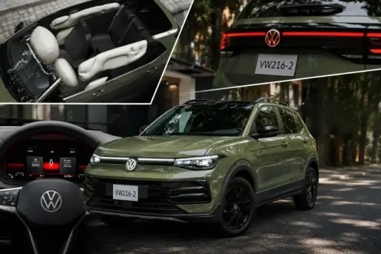 Collage de imágenes con detalles del nuevo Volkswagen Taigun 2026 en color Verde Avocado