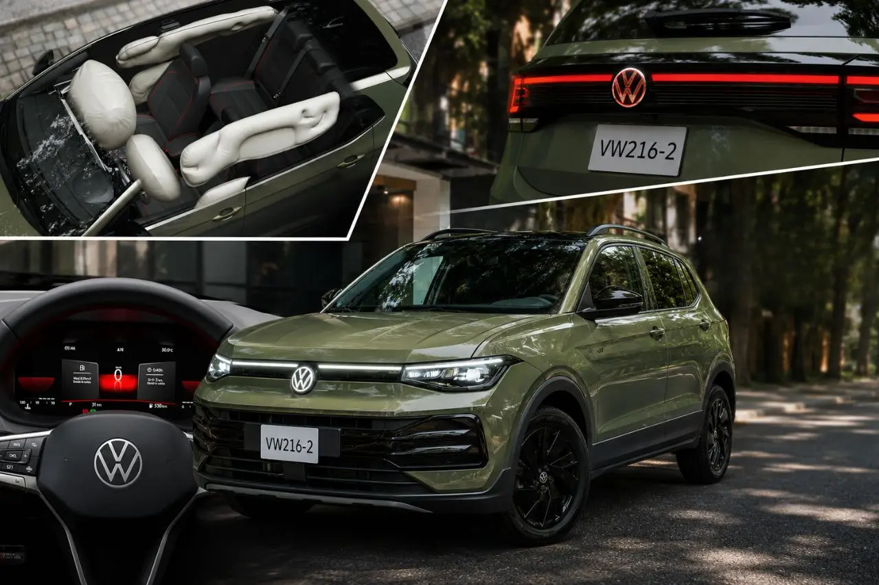 Collage de imágenes con detalles del nuevo Volkswagen Taigun 2026 en color Verde Avocado